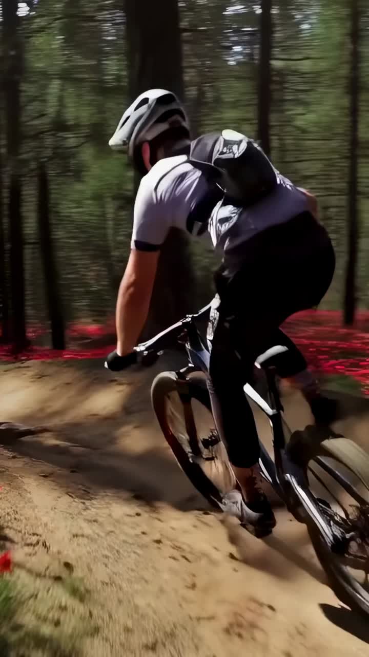 Video verticale: all'ombra dei pini, ciclista che pedala su una MTB sfrecciando su radici scoperte con il casco