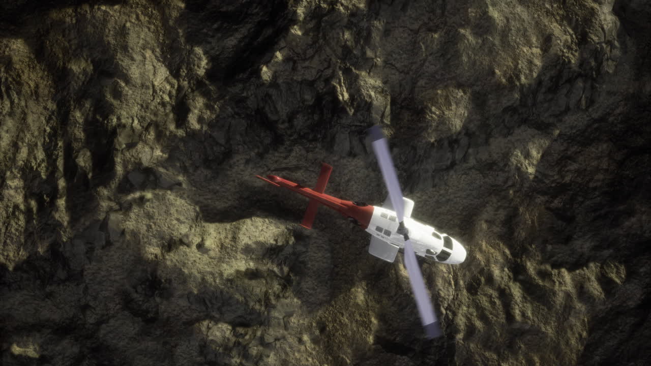 Elicottero in volo sopra un terreno roccioso durante le ore diurne.