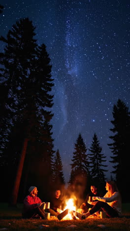 friends gathering around campfire under starry night sky