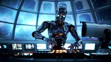 futuristic robot dj mixing beats in a cosmic space environment with high-tech equipment and a starry background, creating an unforgettable audio experience