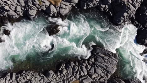 aerial view of river rapids flowing through rocks