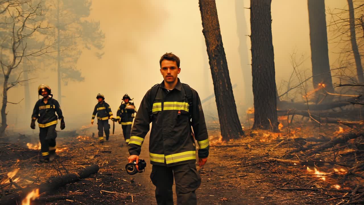 Firefighters battling a wildfire in the forest