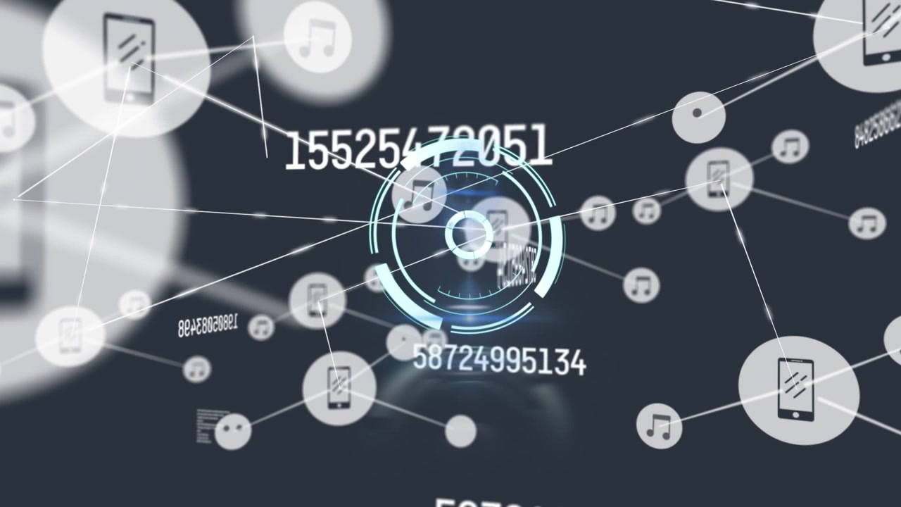 Animation of connected icons and changing numbers over arc reactor against black background