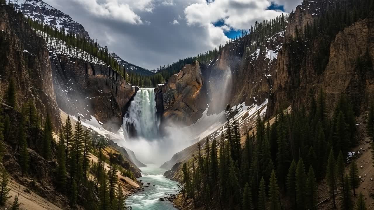 Majestic Waterfall Cascading Through Scenic Canyon Surrounded by Lush Greenery and Dramatic Mountains Under a Fluffy Cloud Sky