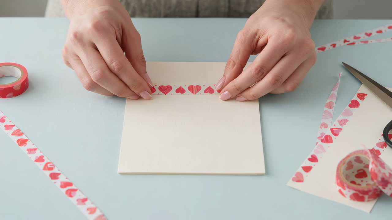 Allineamento di washi tape a forma di cuore, mani che premono, lisciando il bordo del biglietto sul tavolo da lavoro per fissare il bordo