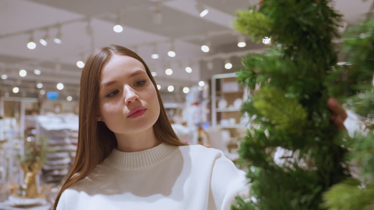 Young woman admiring hanging tinsel in a beautifully decorated shop, Christmas decorations with greenery and pinecones are displayed in a festive shopping mall setting
