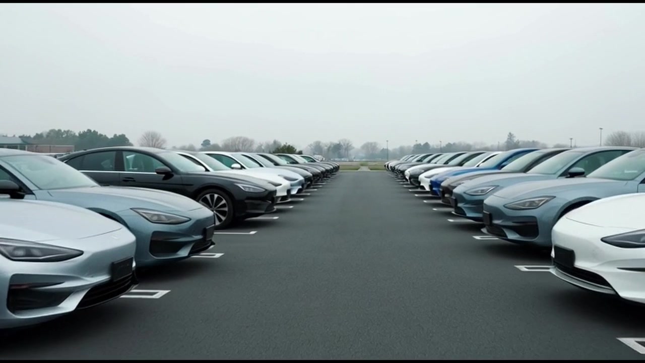 File di nuovi veicoli elettrici parcheggiati in un ampio parcheggio all'aperto.