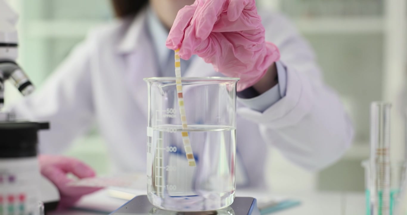 Assistente di laboratorio controlla campione d'acqua con striscia reattiva