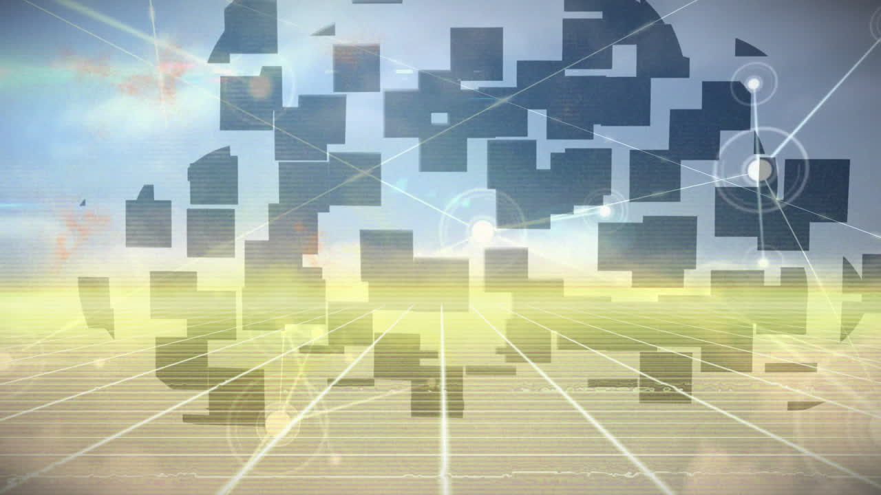Animation of digital grid and floating squares showing network over landscape