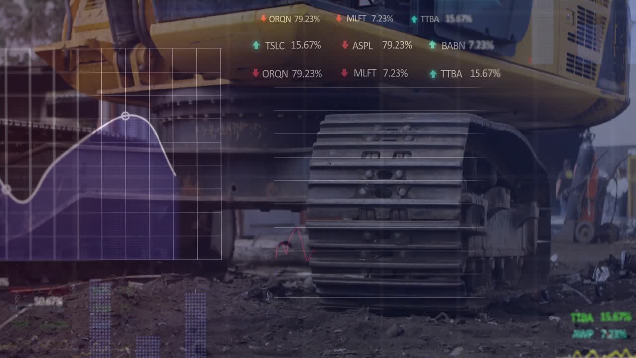 Animation of stock market data processing over hydraulic vehicle operating at junkyard