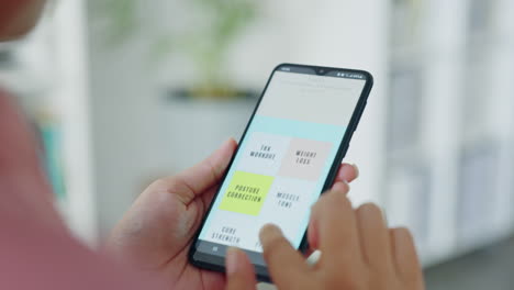 Woman-hands,-phone-app-or-fitness-class-website