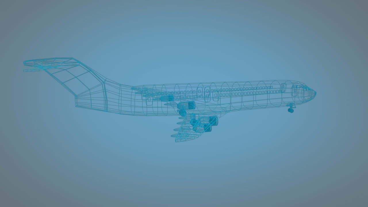 dibujo técnico giratorio de un avión sobre un fondo azul