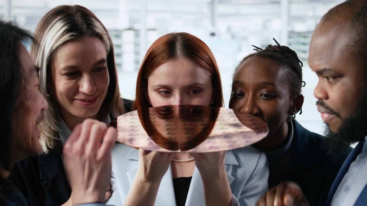 Diverse Team of Engineers Examining a Silicon Wafer in a High-Tech Lab
