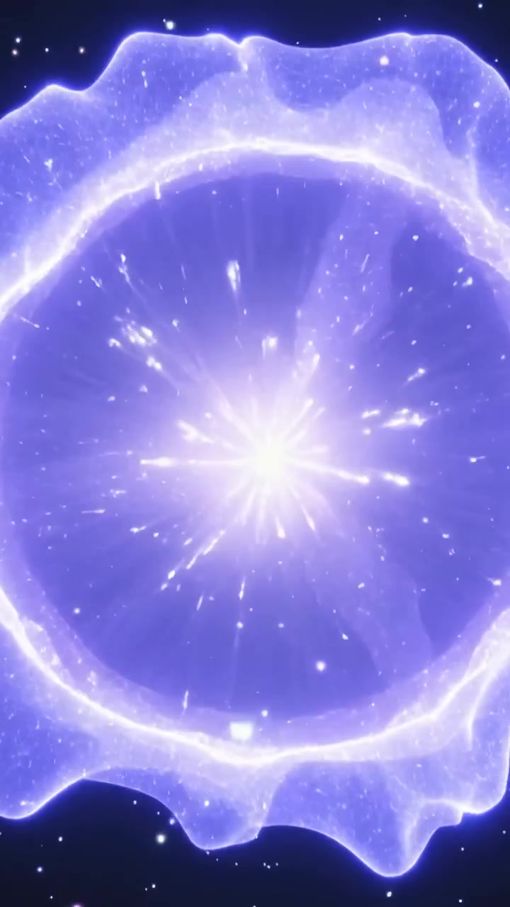 Video verticale: Nucleo luminoso pulsante che si dispiega in un anello in un campo stellare dopo la connessione di un raggio in alto a sinistra