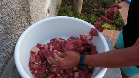 Soft-Cuts-Of-Beef-Seasoned-With-Garlic-And-Bay-Leaves-Skewered-On-Bay-laurel-Wood