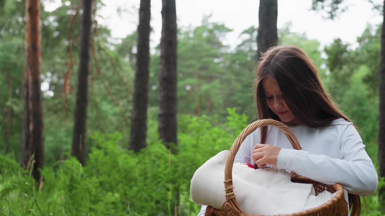 어린 아가씨가 시원한 바람이 부는 날, 푸르른 숲을 차분히 걸으며 피크닉 바구니를 들고 부드러운 미소로 주변을 감상하고 있어요. 편안하고 평화로운 자연 속에서 휴식을 취하며 신선함을 느껴보세요.