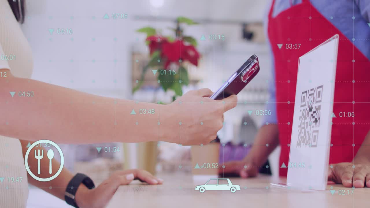 Customer holding smartphone near reader tapping for cafe payment, staff placing cup, icons cycling