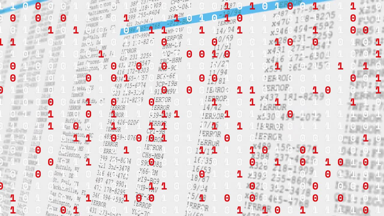 At start red binary digits drifting over code while blue bar scanning rows for data visualization
