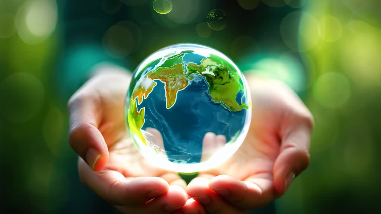 Close-up, hands holding a small globe with a bokeh background, symbolizing global care