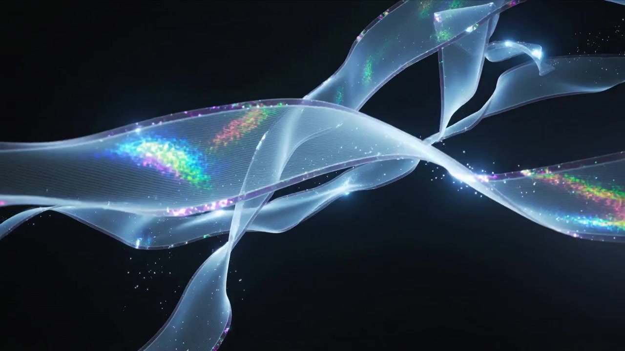Center flare causing ribbons sliding, turning across black, with iridescent edges, shedding sparks