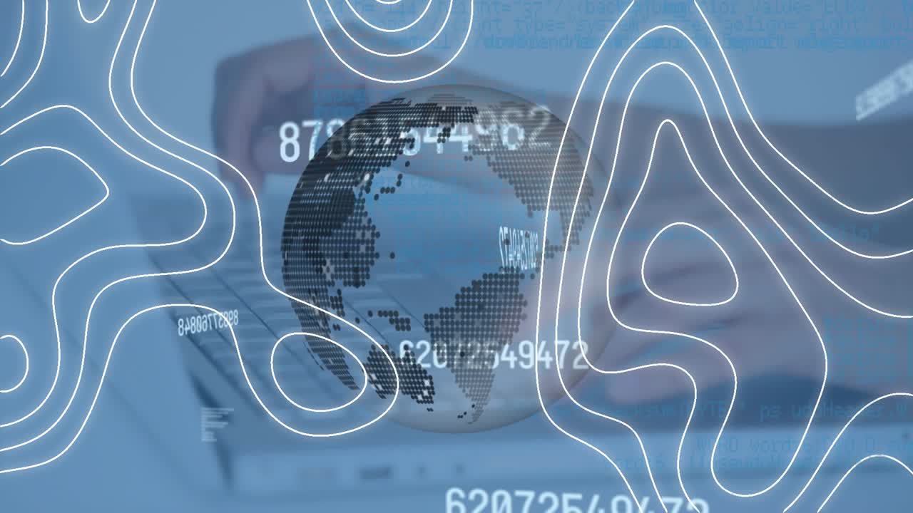 Animazione di isoispse, numeri e mappamondo sulle mani di un uomo caucasico che digita sul laptop