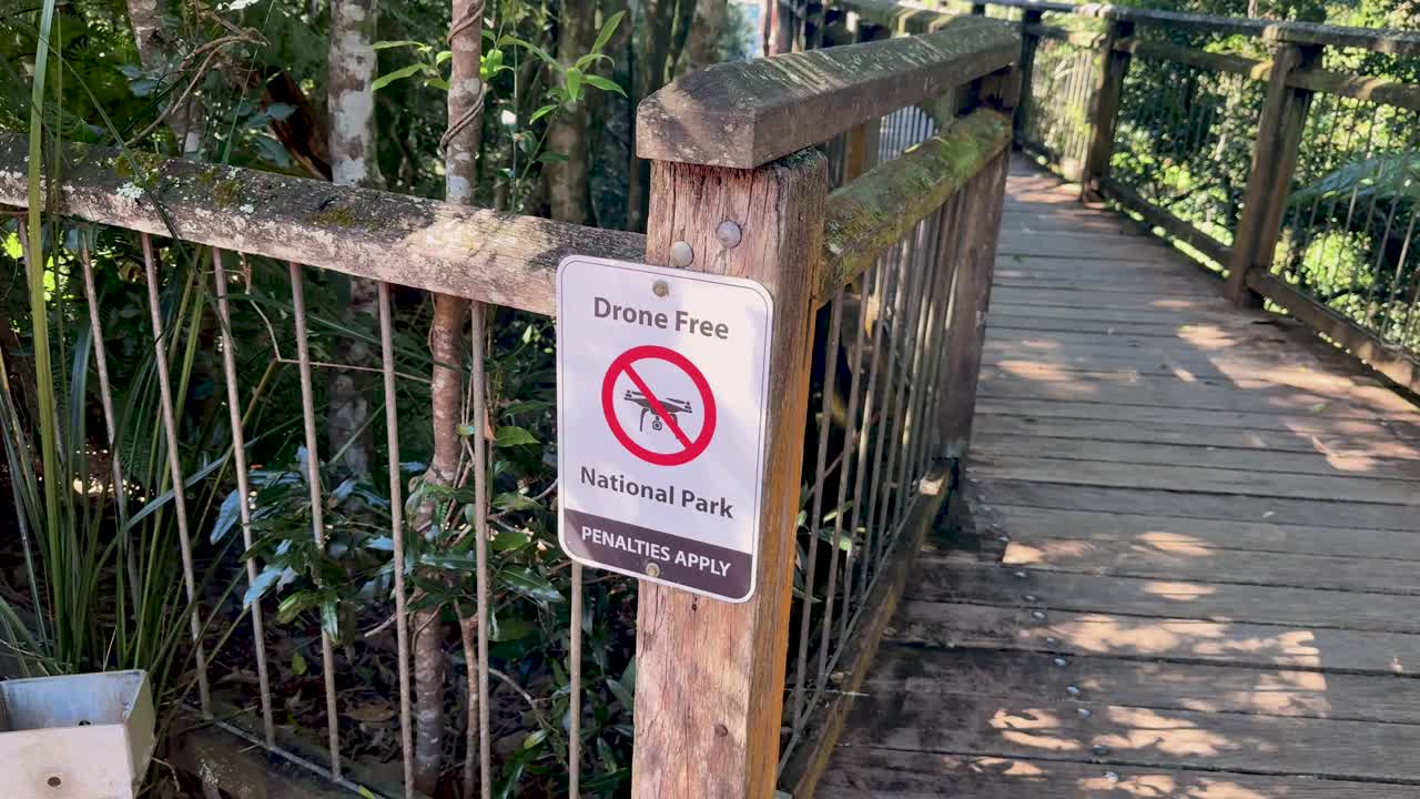 Camera moves along a wooden boardwalk in a lush forest, passing a sign indicating drone restrictions in a national park. Daylight, steady handheld shot