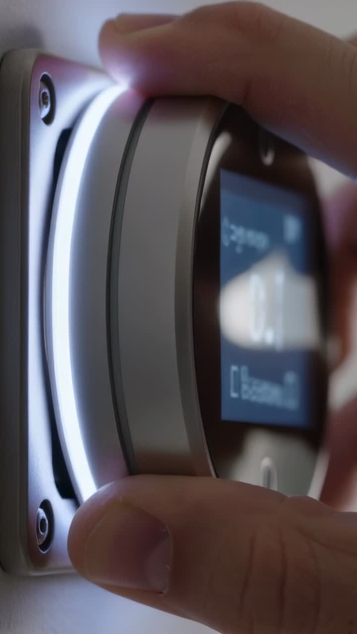 Vídeo vertical: Dedo se aproximando para alinhar o seletor em um suporte em casa, encaixando e ligando um display LED.