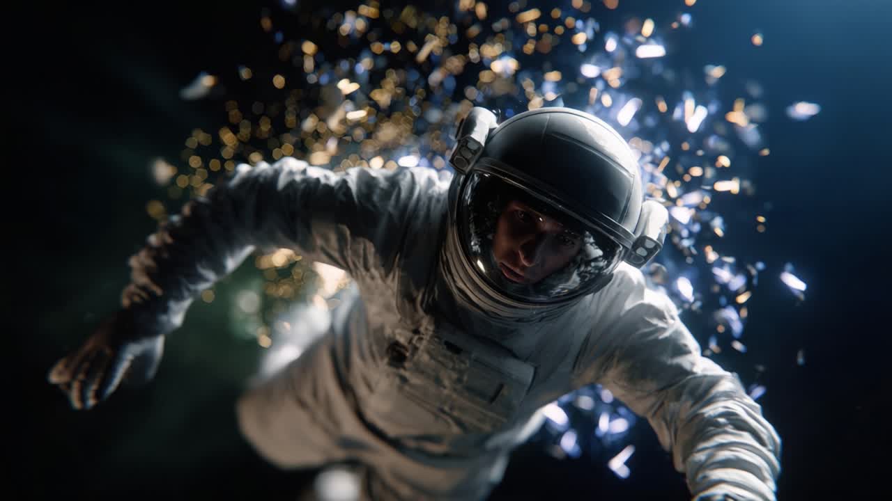 An astronaut floats through the cosmos, surrounded by vivid digital particles and light, creating a mesmerizing and surreal visualization of space exploration