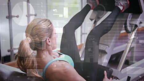 woman exercising on leg press machine, fitness data animation over workout scene