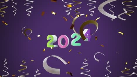 animación de streamers de fiesta de 2024 y confeti en fondo púrpura