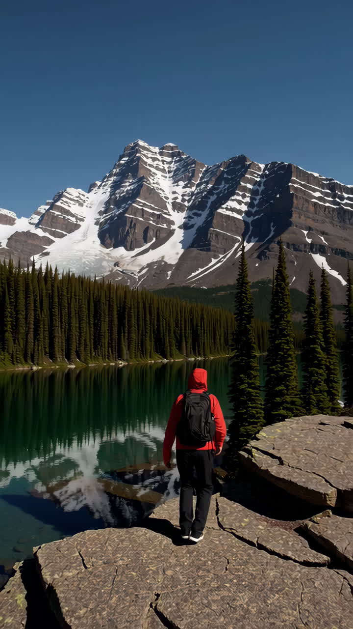 Hiker stands on rocky shore admiring a majestic mountain lake with snow-capped peaks