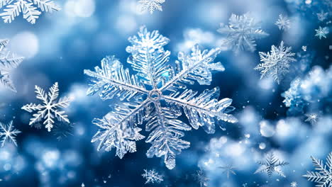 a snowflake is sitting on a blue surface. the snowflake is surrounded by ice and snow, and it is the only one in the scene. the blue background and the snowflake's white color create a serene