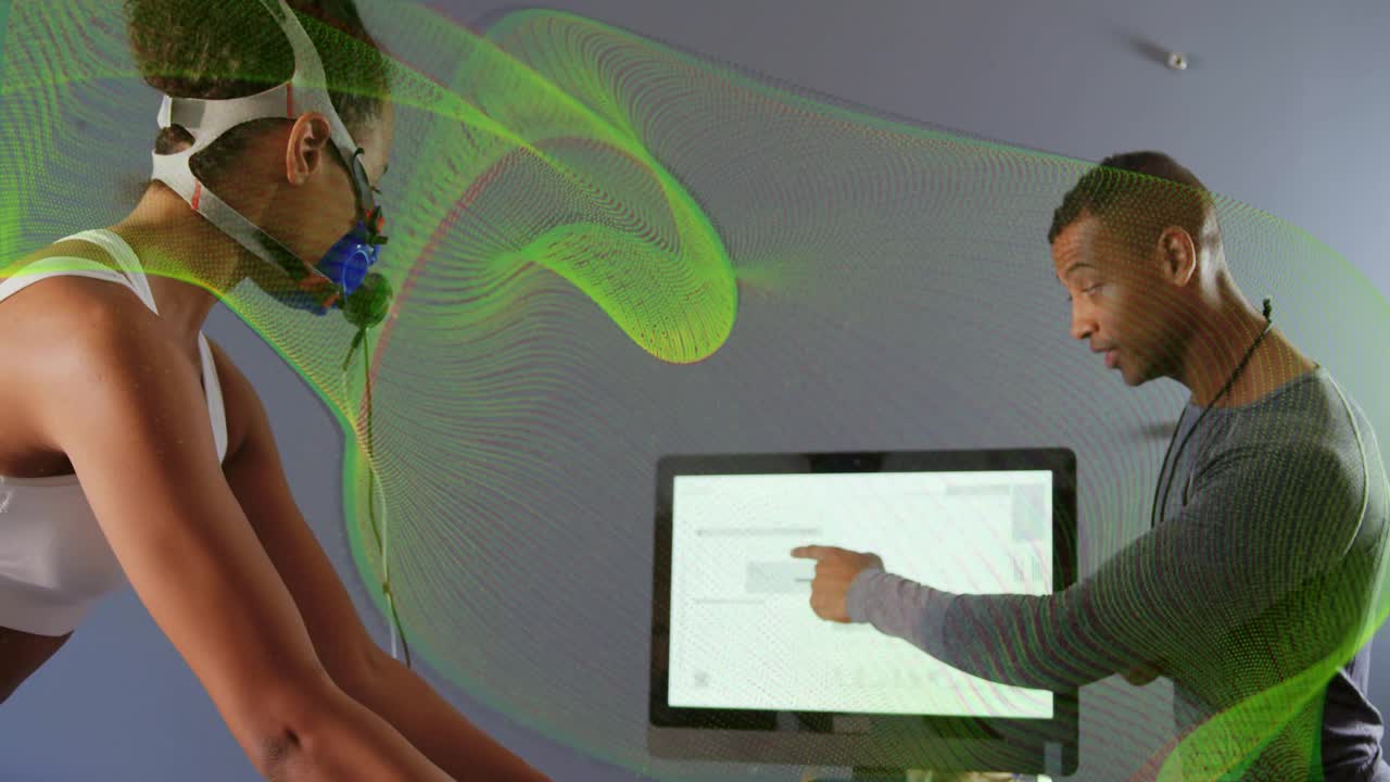 Woman cycling after tech pointing monitor, green flow overlay showing mask airflow for lab test