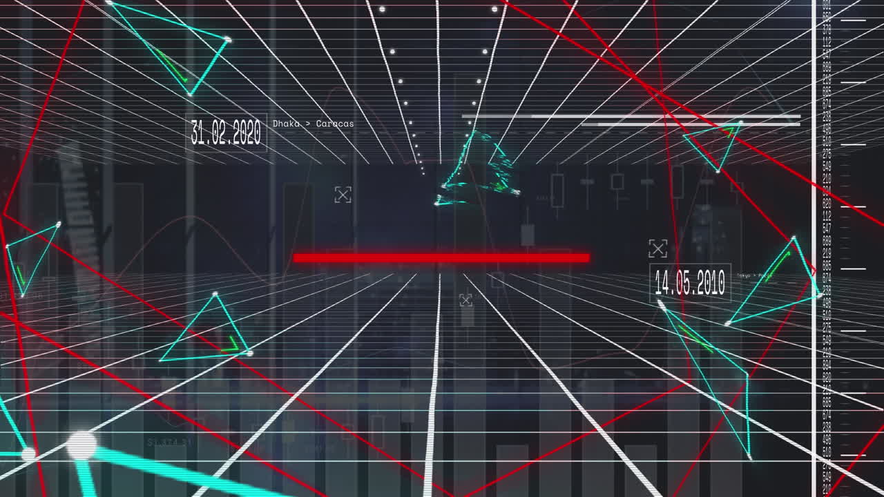 통계 데이터 처리를 통해 그리드 네트워크를 통해 네온 삼각형 모양의 애니메이션