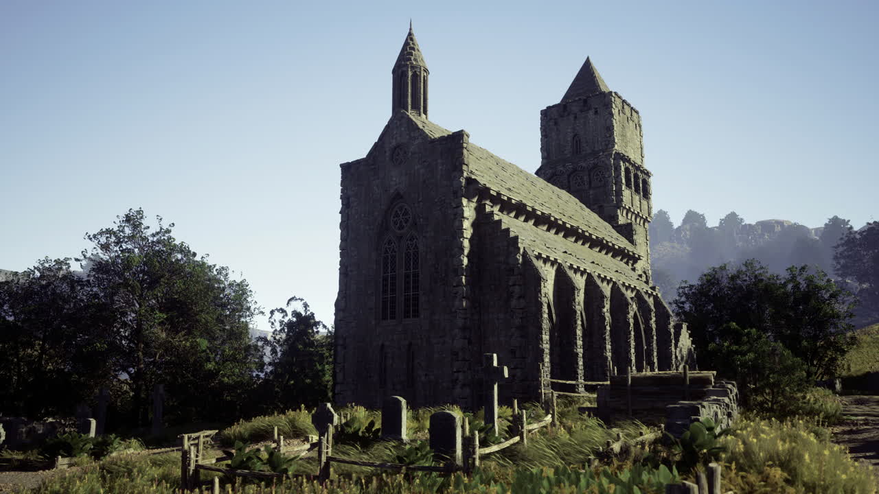 Historic stone church stands amidst a serene landscape during daylight