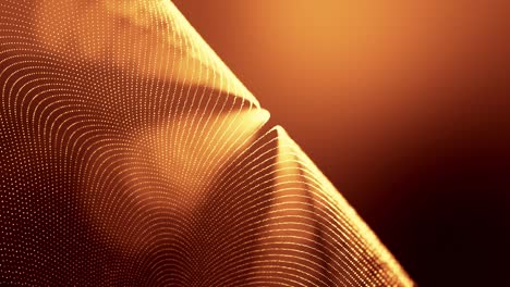 4k bucle fondo abstracto de partículas de brillo dorado forman líneas, superficies como paisaje en el ciberespacio o holograma. tema de ciencia ficción de microworld, nanotecnología o espacio cósmico. profundidad de campo. 33 cuerdas