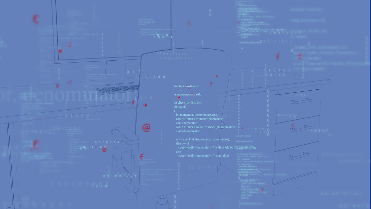 animación de procesamiento de datos sobre el escritorio con computadora sobre fondo azul