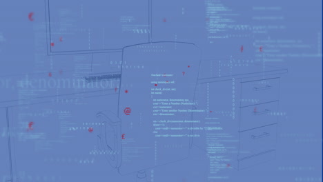 Animación-Del-Procesamiento-De-Datos-Sobre-Un-Escritorio-Con-Computadora-Sobre-Fondo-Azul