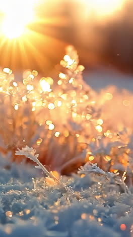 a snowy field with frosted grass and a sun in the background. the sun is shining brightly on the snow, creating a beautiful and serene atmosphere