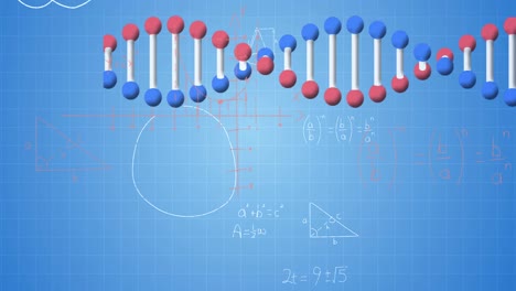 Animation-of-dna-strand-spinning,-data-processing-and-mathematical-equations