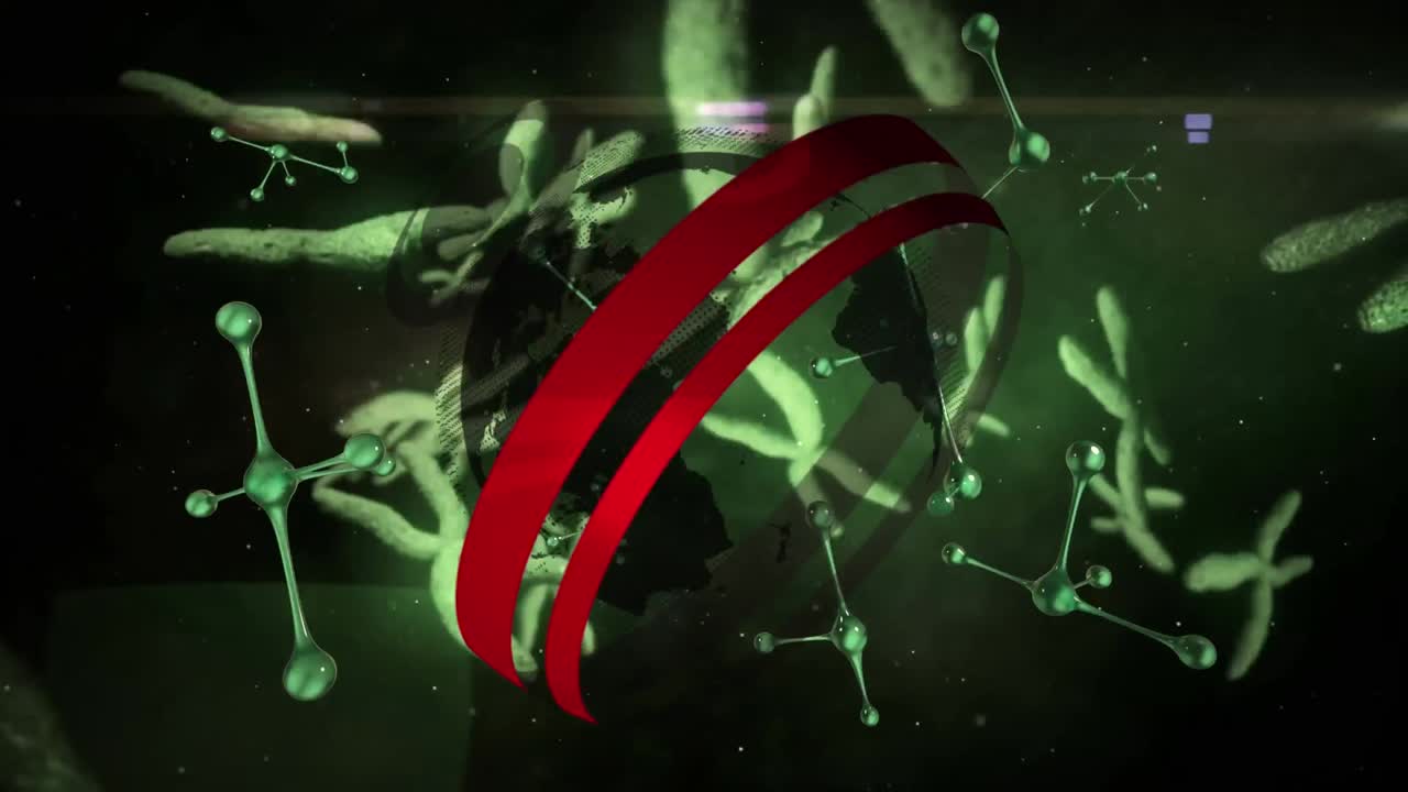 회전하는 지구와 어두운 배경 위에 떨어지는 데이터 분자의 애니메이션