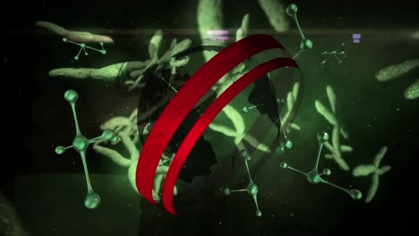 animación de globo giratorio y datos de moléculas que caen sobre un fondo oscuro