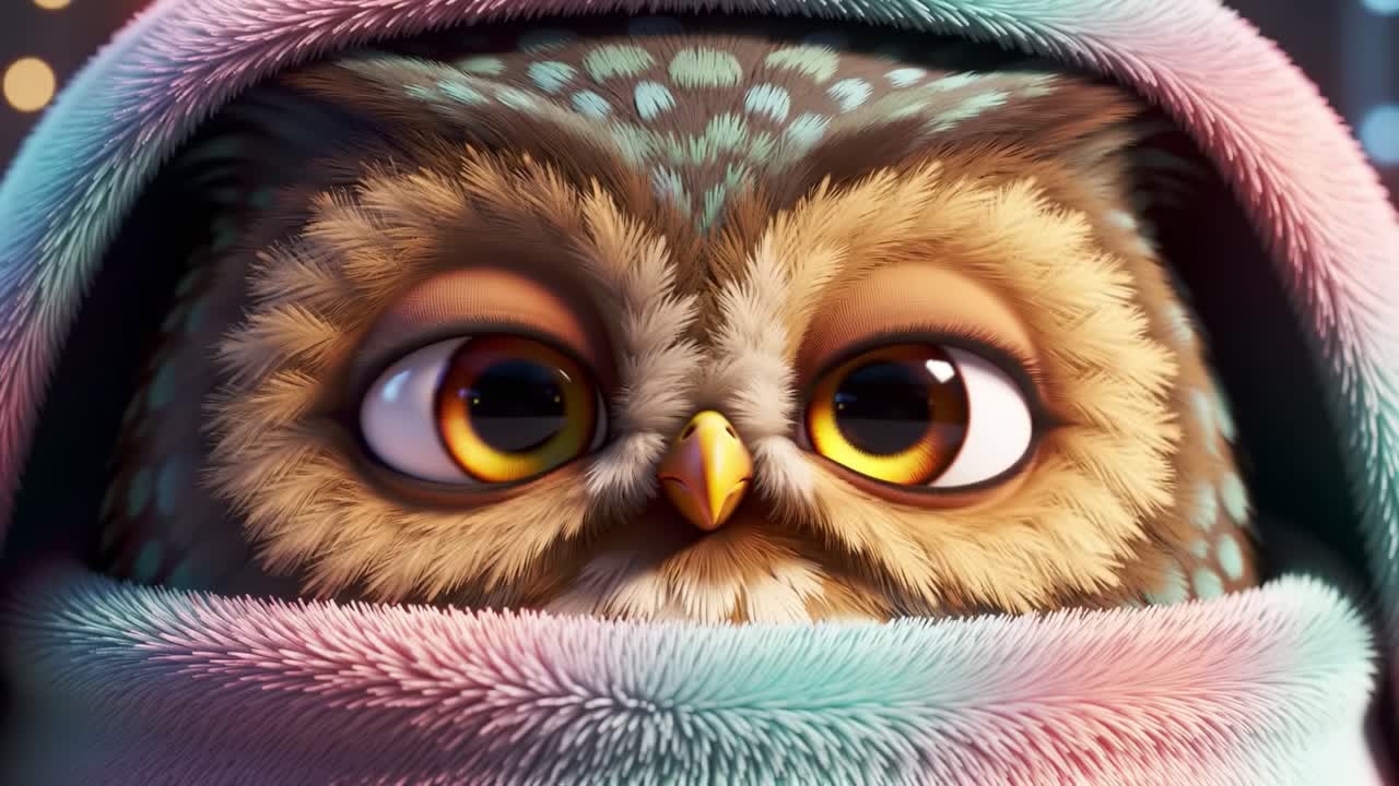 A Cozy Owl: The Transformation from Sleepy Eyes to Bright Curiosity - An Adorable Animated Journey of a Charming Owl in a Soft Blanket