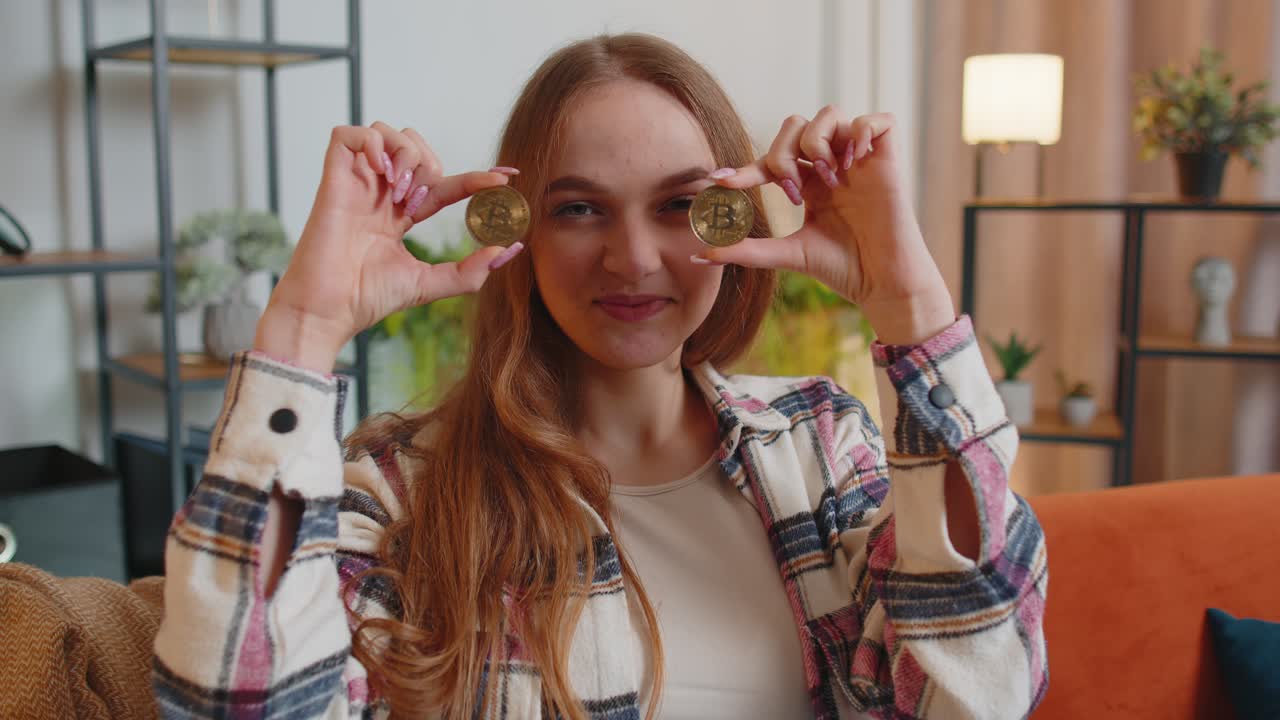 девушка-трейдер, зарабатывающая биткоины после онлайн-мониторинга торговых операций.