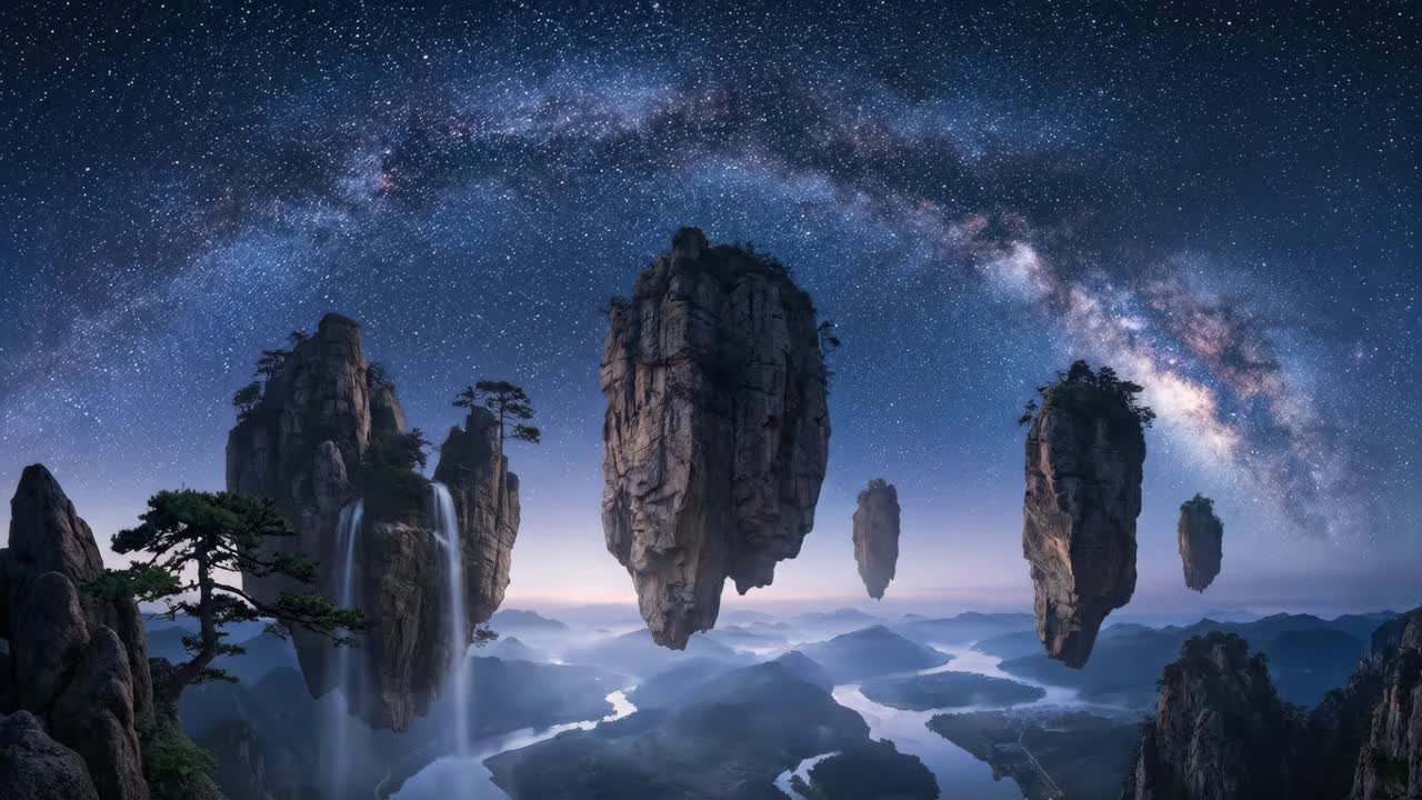 Paesaggio fantasy con montagne fluttuanti