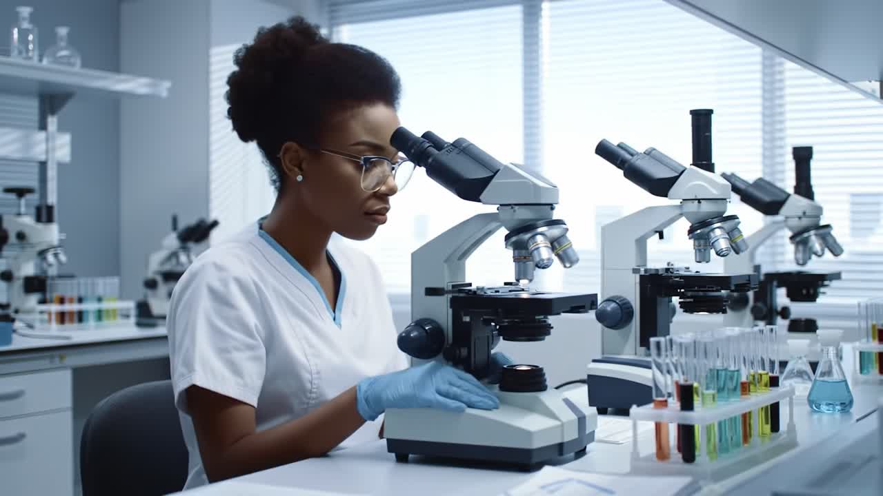 A dedicated scientist meticulously examines samples under high-powered microscopes in a modern laboratory, showcasing precision and expertise in scientific research