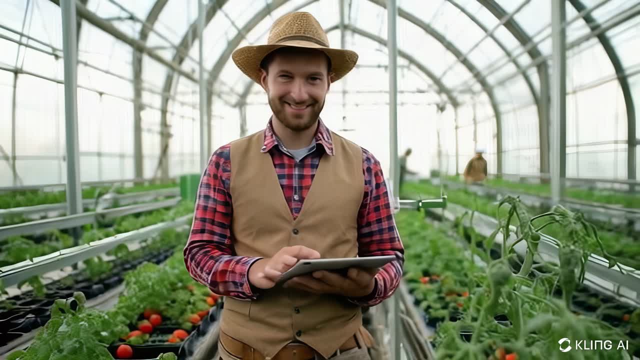 Crop technician using a tablet in a hydroponic farm