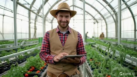 crop technician using a tablet in a hydroponic farm