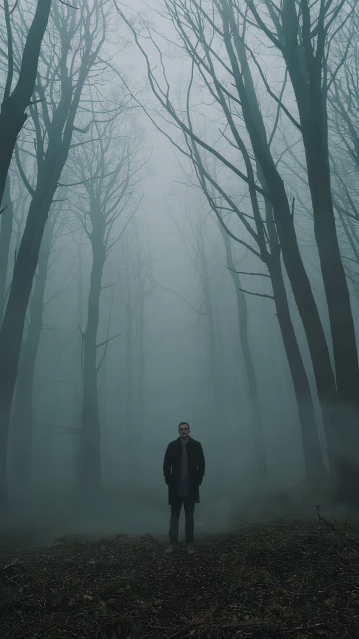 Uomo in piedi da solo in una foresta nebbiosa