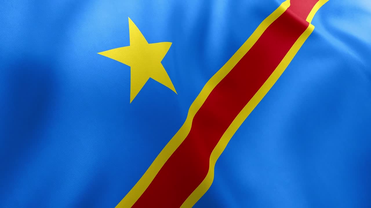 Realistic waving flag of Democratic Republic of the Congo, sky blue, red stripe, yellow star. Central African nation, Kinshasa, patriotism, DRC
